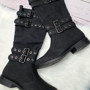 WEEBOO MULTI BELT BUCKLE ACCENT BOOTS BLACK 6.5